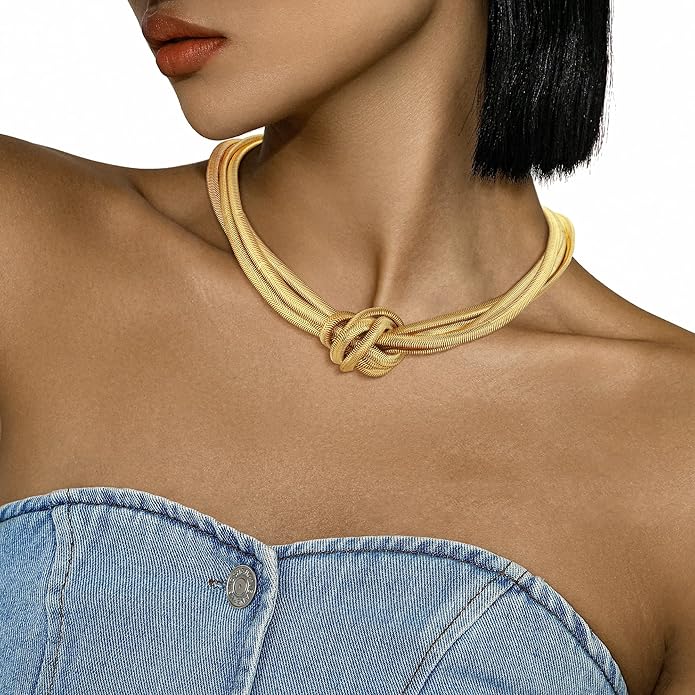 Chunky Gold Choker Necklace for Women, 14K Gold Plated Snake Chain Statement Necklace Triple Twsited Layered Choker Necklaces Jewelry Gifts
