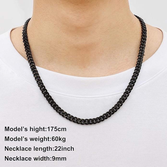 Fiusem Valentines Day Gifts for Him Silver Tone/Black/14K Gold Plated Chain Necklace for Men, 5mm/6mm/7.5mm/8mm/9mm Stainless Steel Cuban Link Chain Necklace, Men's Chains 18-28 Inch Jewelry Gifts