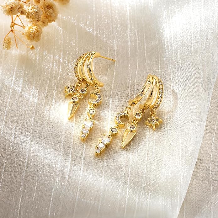 Dangle Earrings for Women,14k Gold Plated Triple Huggie Stud Earrings Dainty Drop Earrings for Women Trendy Gold Statement CZ Long Chain Earrings Non Tarnish Jewelry