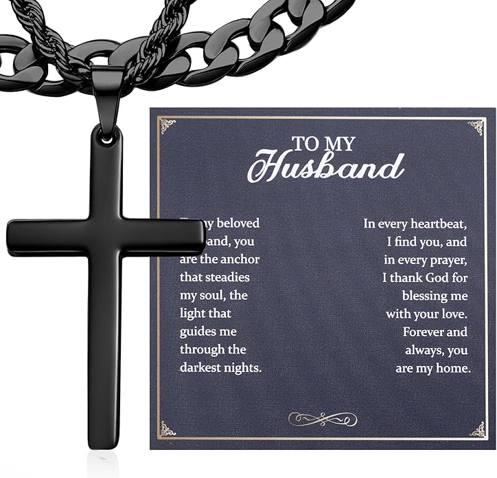 TEN MIRO Silver/Black Cross Necklace for Men Boy Stainless Steel Cross Pendant Necklace for Men Christian Religious Jewelry with Box & Card Birthday Anniversary Christmas Father's Day Gifts for Him