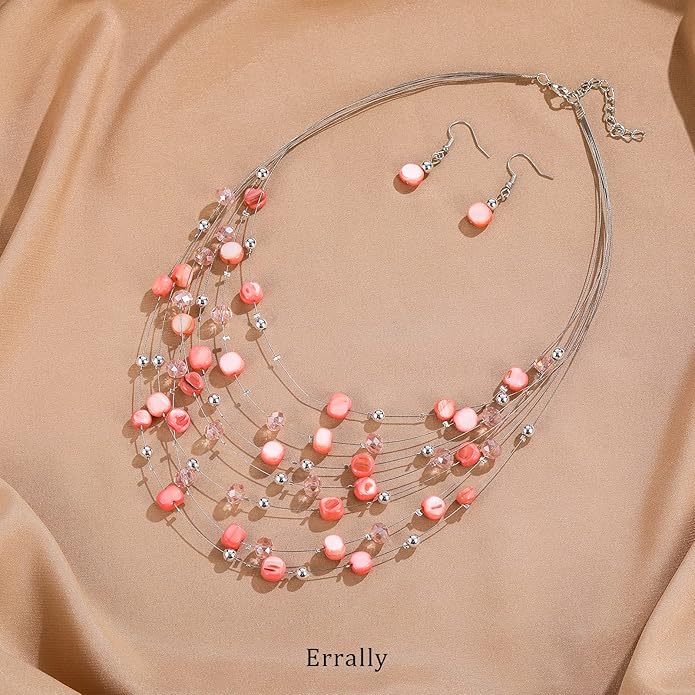Multi-Layer Boho Shell Beaded Necklace for Women Colorful Crystal Strand with Silver Beads Statement Collars Necklace and Earrings Costumes Jewelry Sets for Women