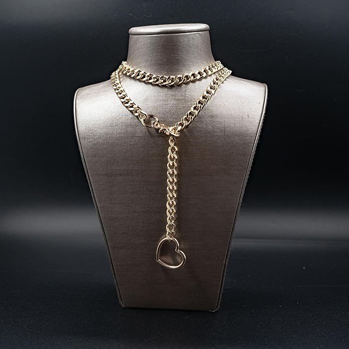 Chunky Gold Choker Necklaces for Women, Long Gold Chain Heart Necklace, 36 Inches Slip Chain Adjustable Lariat Heart Y Necklace for Women and Men, Goth Chunky Heart Necklace Jewlery Gifts