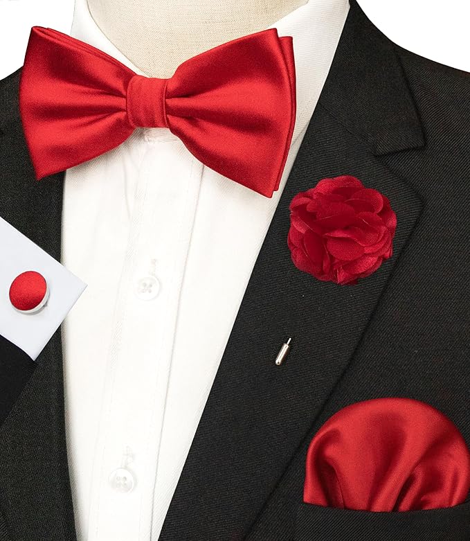 JEMYGINS Solid Color mens Pre-tied Bow Tie and Pocket Square Cufflinks Sets with Gift Box