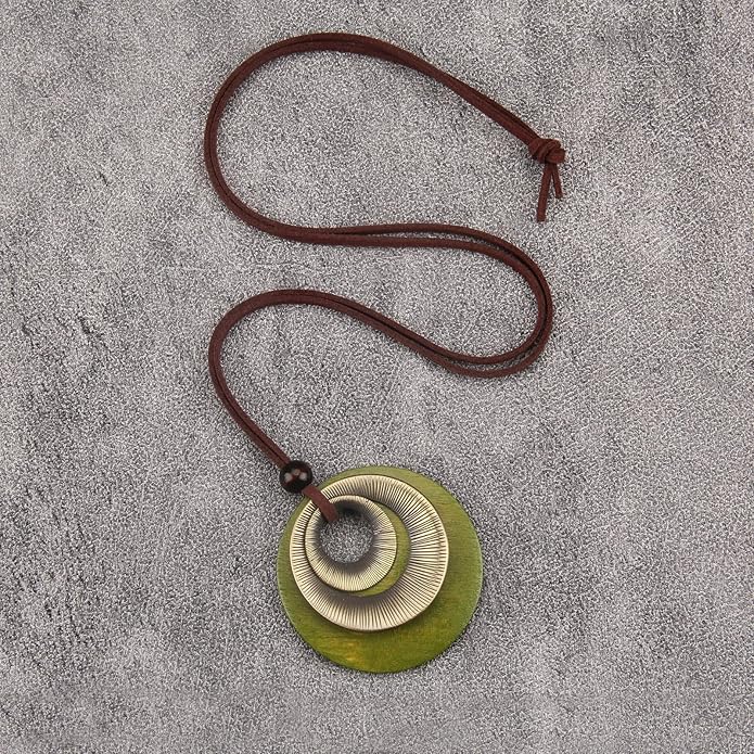 Long Boho Necklaces for Women Vintage Leather Wooden Pendant Y Choker Ethnic Style Gold Circle Hippie Sweater Necklace