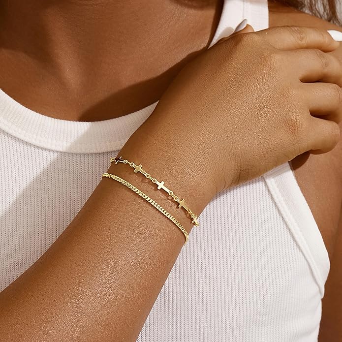 Gold Bracelets for Women Non Tainish,Dainty Bracelets Stack for Women Trendy, Gold Plated Cuff Bracelets Stack With Beaded Cuban Paperclip Snake Rope Bangle Hand Chain Jewelry Gifts for Women