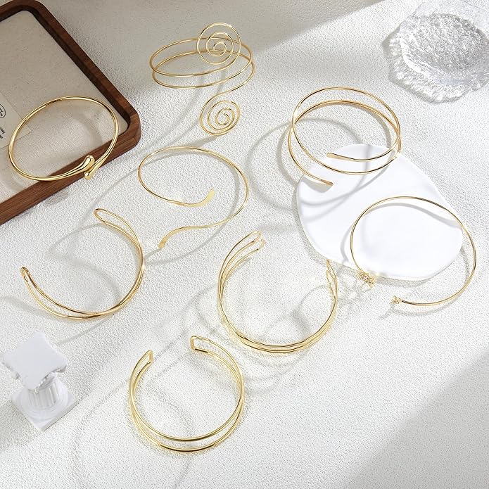 GANDC 8 Pcs Upper Arm Cuff Jewelry for Women Gold Silver Minimalist Arm Cuffs Bangle Band Armlet Adjustable Coil Armband Bracelet Set Jewelry
