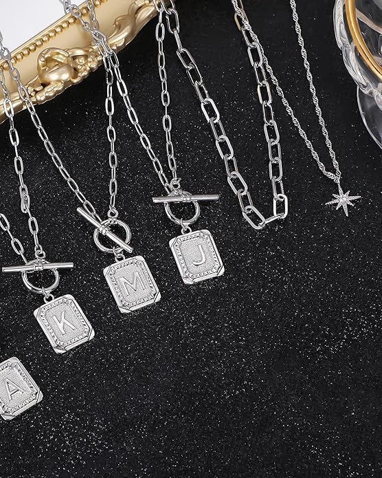 MJartoria Layered Initial Necklaces for Women Trendy, 14K Gold Plated Brass Simple Star Choker Square Letter Pendant Necklace, Paperclip Chain Necklaces Jewelry Gifts