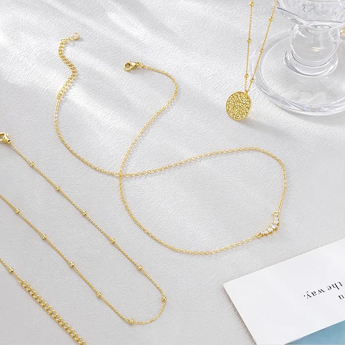 CHESKY 14K Gold Plated Layered Necklaces for Women,Dainty Gold/Silver Plated Chain Necklace CZ Pendant Necklace Adjustable Layering Choker Necklace jewelry Gifts