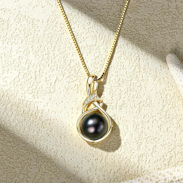Tahitian Black Pearl Necklaces for Women, Sterling Silver Single Pearl Pendant Necklace Birthday Anniversary Jewelry Gifts for Wife Mom