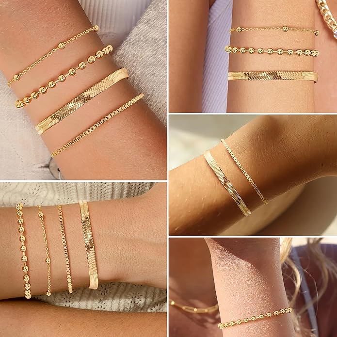 Gold Bracelets for Women Trendy,14K Gold Plated Dainty Stackable Paperclip Cuban Link Chain Bracelets, Simple Cute Cuff Bracelets Jewelry Set Adjustable 7"+2"