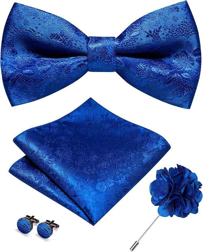 JEMYGINS Floral Pre-tied Bow Tie and Pocket Square Cufflinks Lapel Pin Sets for Men 4PCS