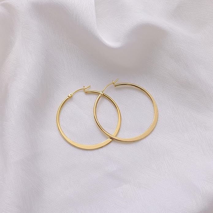 Gacimy Flattened 14K Gold Plated Hoop Earrings for Women, 14K Real Gold Plated Hoops with 925 Sterling Silver Post,Hypoallergenic Lightweight Earring