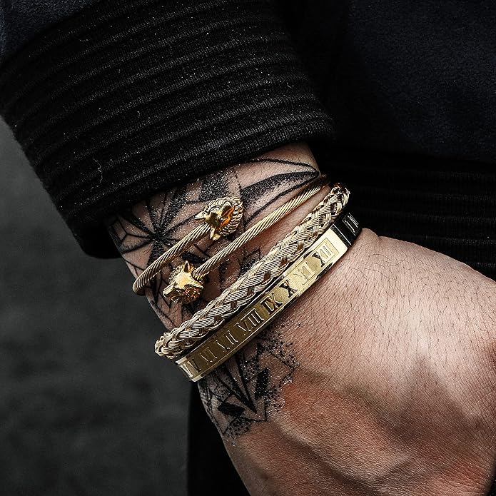 WFYOU 3PCS Stainless Steel Bracelets for Men Gold Roman Numeral Bangle Bracelet Twisted Cable Bracelet Adjustable Cuff Bracelet Mens Luxury Jewelry Bracelets Gifts