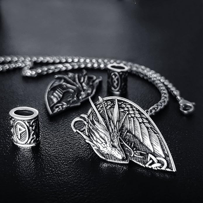 ZiWuark Matching Dragon Necklace Couples Viking Heart Necklace Jewelry for Men Women with Rune Beads