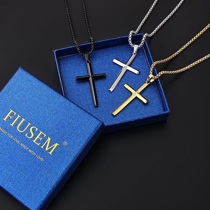 Fiusem Beveled Edge Cross Necklace for Men, Silver Tone/Black/14K Gold Plated Mens Cross Necklace, 2.5MM Stainless Steel Box Chain with Pendant