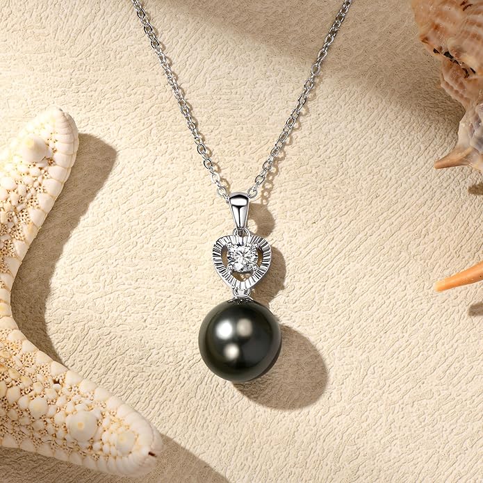 Tahitian Black Pearl Necklaces for Women, 925 Sterling Silver Pearl Pendant Necklace, Birthday Anniversary Jewelry Gifts for Wife Mom