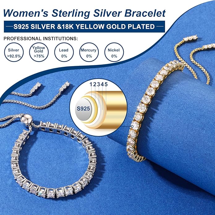 Moissanite Tennis Bracelet 1.52ct-7.76ct Adjustable Bracelet for Women 18K White Gold Plated S925 Sterling Silver Tennis Bracelet D Color VVS1 Round Cut 2/3/4mm Moissanite Bracelet Gifts for Wife/Mom