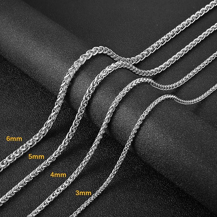 HZMAN 3.0 mm Stainless Steel Wheat Silver Chain Necklaces for Men & Women 16" -36"