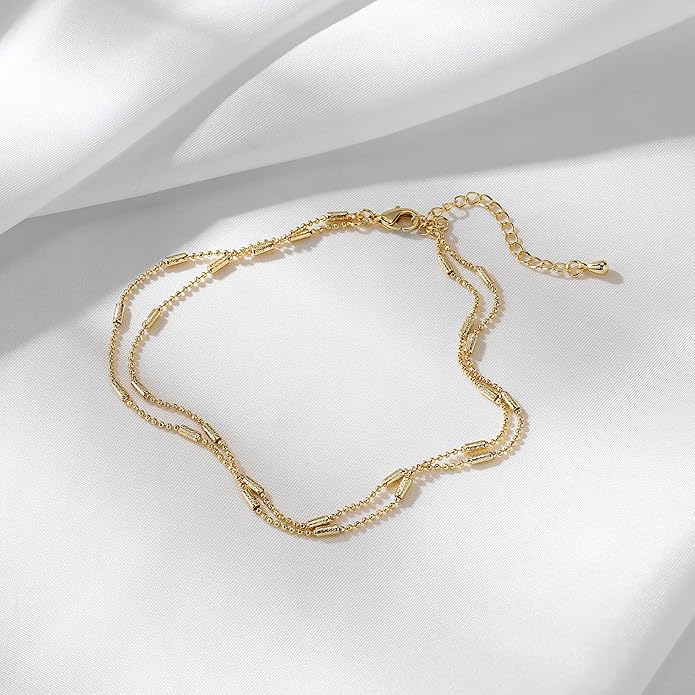 Pencros Dainty Layered Anklet,14K Gold Filled Cute Beads Satellite Chain Heart Boho Adjustable Anklets for Women