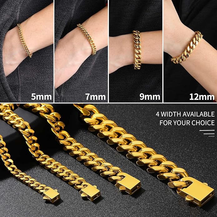 ChainsHouse Stainless Steel Cuban Link Bracelet for Men, 5mm/7mm/9mm/12mm Width, 7.5"/8.3"/9" Length, Black/18K Gold Plated Chain Wrist Bracelets for Men, with Gift Box