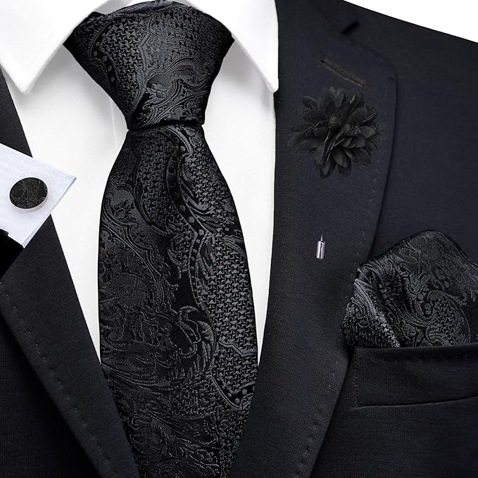 GUSLESON 8cm Paisley Tie Set for Men Necktie Lapel Pin Pocket Square Cufflinks Set for Men