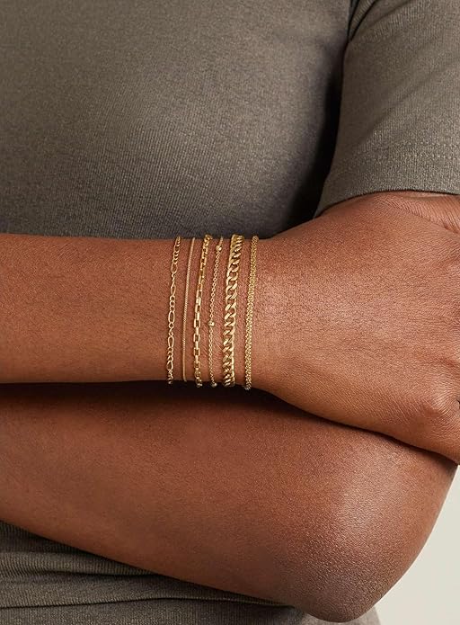 DEARMAY Waterproof Gold Plated Bracelets Set for Women Trendy, Dainty 14K Gold Jewelry Fashion Stackable Tennis Beaded Figaro Herringbone Paperclip Link Bracelet Pack Stack Gifts for Women
