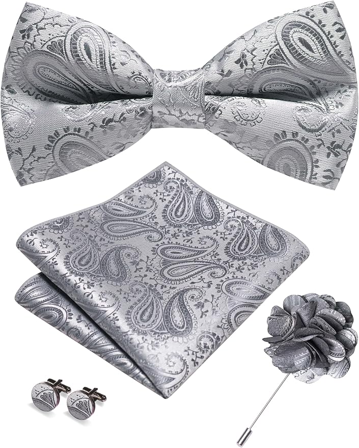 JEMYGINS Mens Paisley Bow Tie and Lapel Pin Necktie Pocket Square and Tie Clip with Sets for Business Casual 4PCS