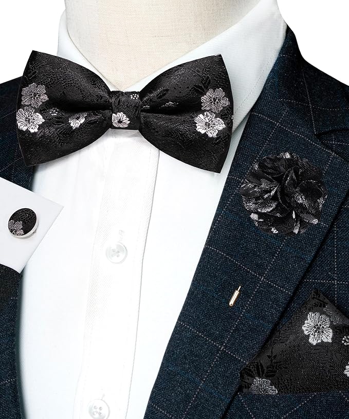 JEMYGINS Floral Pre-tied Bow Tie and Pocket Square Cufflinks Lapel Pin Sets for Men 4PCS