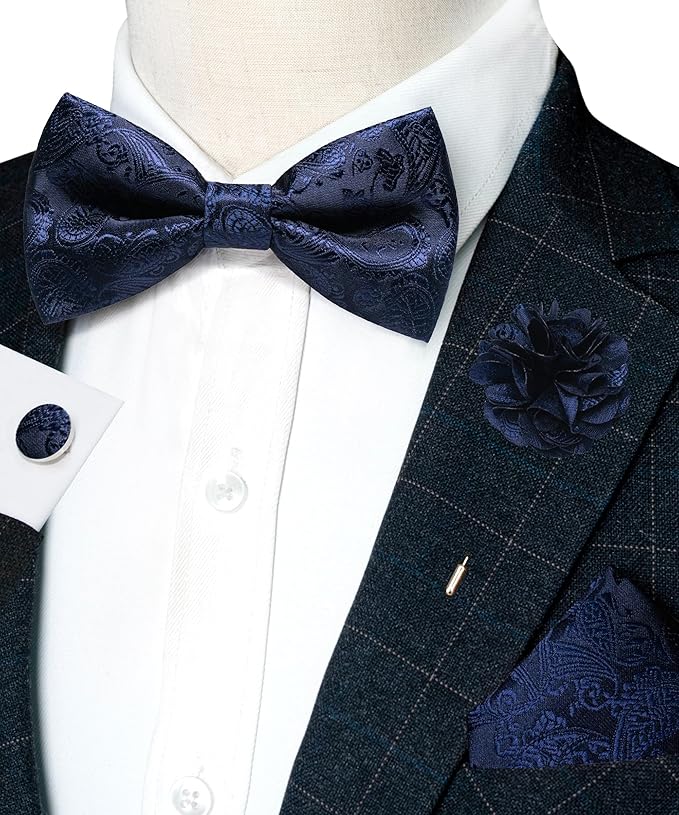 JEMYGINS Paisley Pre-tied Bow Tie and Pocket Square Cufflinks Lapel Pin Sets for Men 4PCS