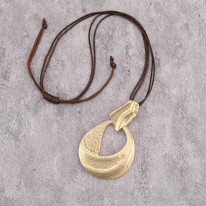 Long Boho Necklaces for Women Vintage Leather Wooden Pendant Y Choker Ethnic Style Gold Circle Hippie Sweater Necklace