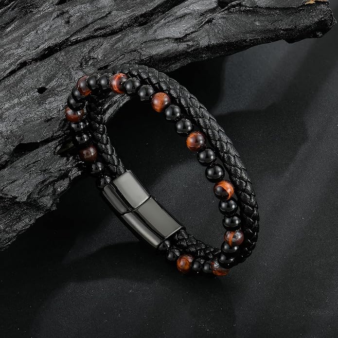 Mens Tiger Eye Matee Black Onyx Lava Rock Volcanic Stone Beaded Bracelet, Black Braided Leather Bracelet for Men