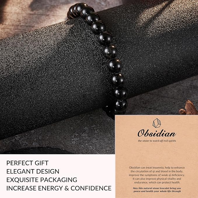 Seyaa Obsidian Bracelet, Mens Bracelet, Natural Black Obsidian Beaded Stretch Bracelets for Men Women