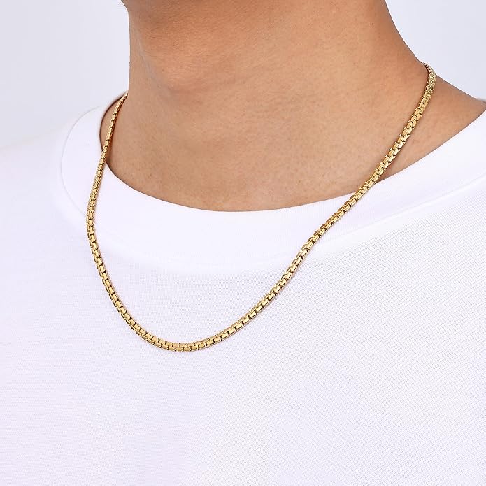 Fiusem Flat Box Chains for Men, 14k Gold Plated Stainless Steel Chain Necklace, 2.5/3/4/4.5/5mm Necklaces for Men and Women 16-28 Inch