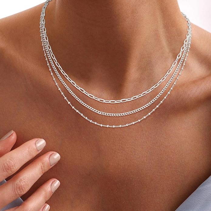 Gold/Silver Necklaces Stack For Women, 14K Gold/Sterling Silver Plated Layered Choker Necklace Set, Stackable Multilayer Simple Cuban Snake Paperclip Chain Set Jewelry Gift for Women