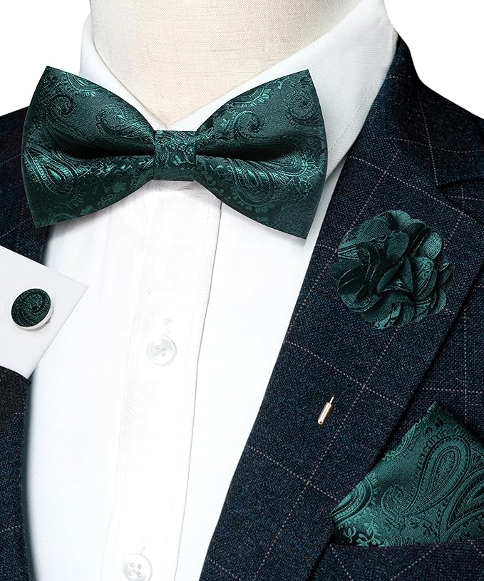 JEMYGINS Mens Paisley Bow Tie and Lapel Pin Necktie Pocket Square and Tie Clip with Sets for Business Casual 4PCS