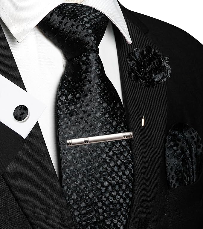 JEMYGINS Mens Tie and Lapel Pin Necktie Pocket Square Cufflinks and Tie Clip Sets for Business Casual 5PCS