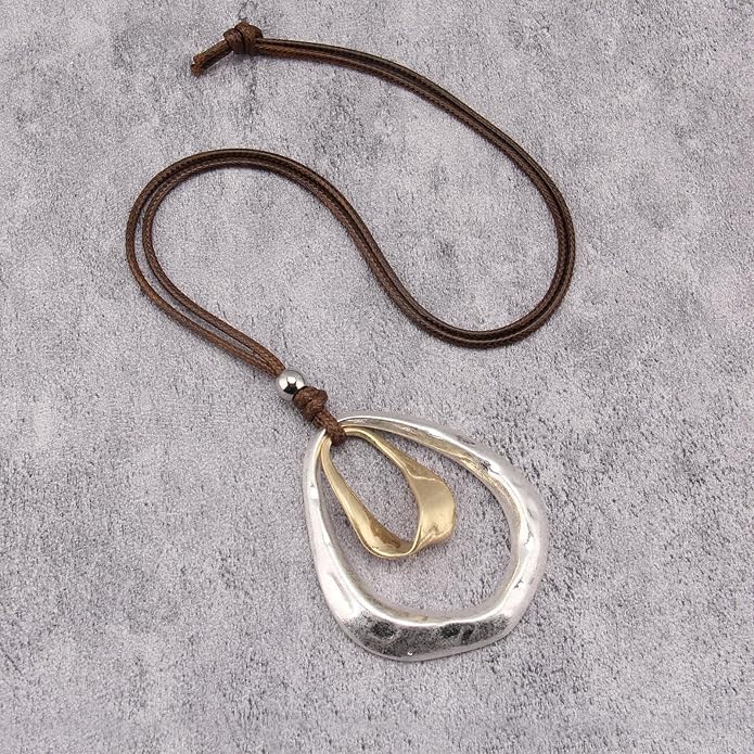 Boho Necklaces for Women Chunky Circle Necklace Layered Boho Circle Leather Choker Necklace Long Vintage Necklaces Bohemian Jewlery Gifts