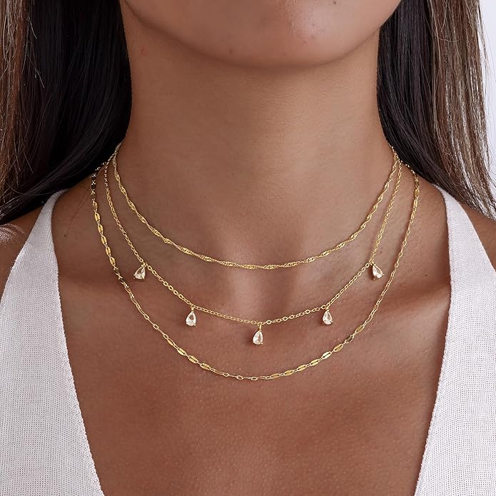 Layered Necklaces for Women, Dainty Gold Necklace Stack 14k Gold Plated Layering Cubic Zirconia Choker Necklaces for Women Trendy Simple Layered Gold Necklace Set Fashion Jewelry