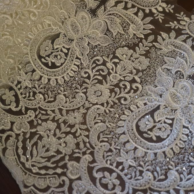 G-RUI 20.9inch*1yards Ivory White Luxury Beaded Embroidery Flower lace Appliques for Wedding Dresses Rhinestone Applique Patches Embroidery lace parches ropa