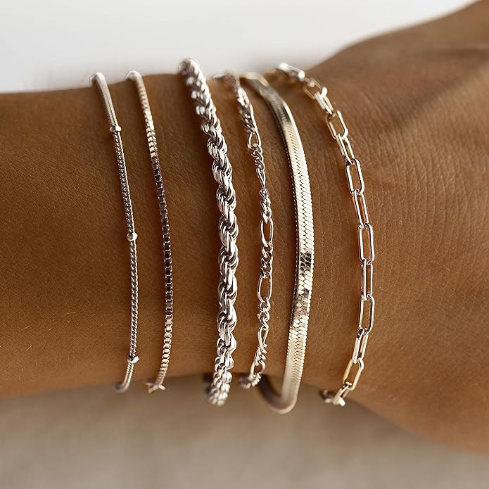 DEARMAY 14K Gold Plated Bracelets for Women Waterproof, Jewelry Sets Trendy Thin Dainty Stackable Cuban Link Paperclip Chain Bracelet Pack Fashion Accessories Gifts for Womens