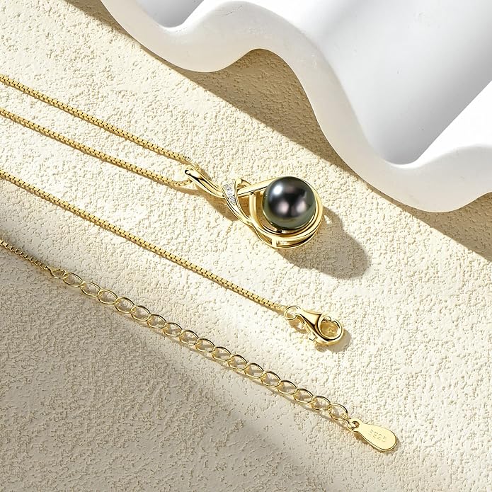 Tahitian Black Pearl Necklaces for Women, Sterling Silver Single Pearl Pendant Necklace Birthday Anniversary Jewelry Gifts for Wife Mom
