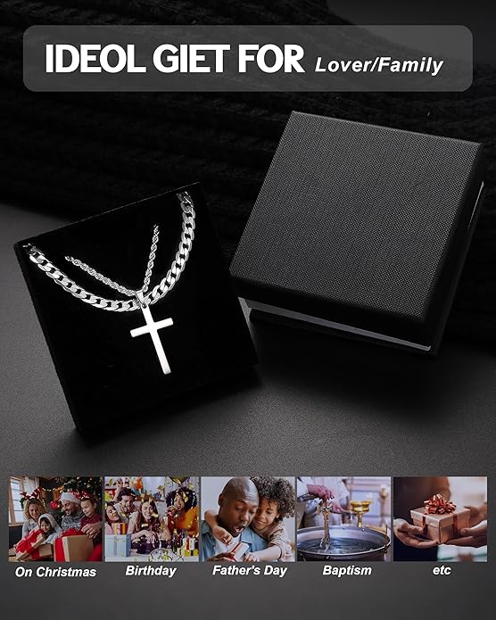 TEN MIRO Silver/Black Cross Necklace for Men Boy Stainless Steel Cross Pendant Necklace for Men Christian Religious Jewelry with Box & Card Birthday Anniversary Christmas Father's Day Gifts for Him