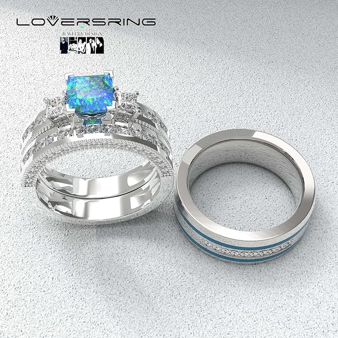 TWO RINGS Wedding Ring Sets His And Hers Promise Ring Couples Bridal Sets Women 925 Sterling Silver square Cz Man Stainless Steel Brushed Finished Wedding Bands