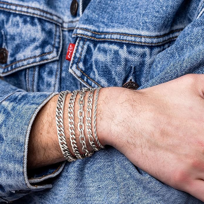 Yoosteel Mens Bracelets - Silver Chain Bracelet Stainless Steel Cuban Link Stack Bracelets Sturdy Rope Paperclip Chains Set 7.5/8.3/9 inches Trendy Jewelry for Men