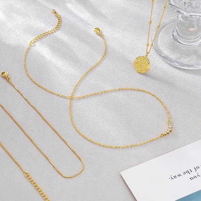 CHESKY 14K Gold Plated Layered Necklaces for Women,Dainty Gold/Silver Plated Chain Necklace CZ Pendant Necklace Adjustable Layering Choker Necklace jewelry Gifts