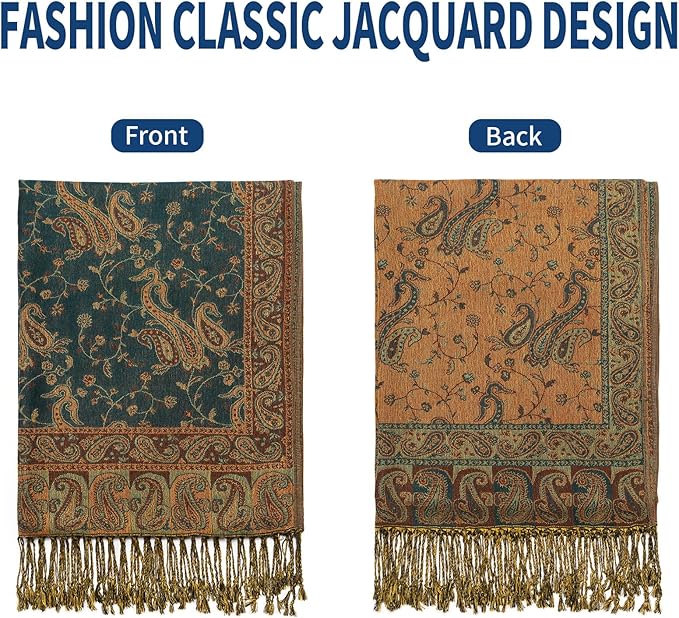 QIUTIMIY Paisley Pashmina Shawl Wrap Women Reversible Vintage Jacquard Pashmina Rave Scarf with Fringe for Evening, Wedding