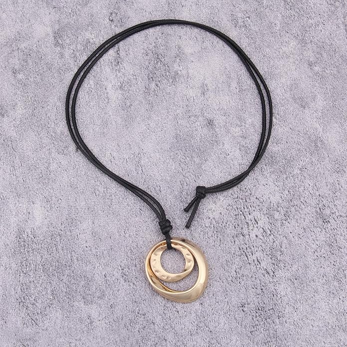 Long Boho Necklaces for Women Vintage Leather Wooden Pendant Y Choker Ethnic Style Gold Circle Hippie Sweater Necklace