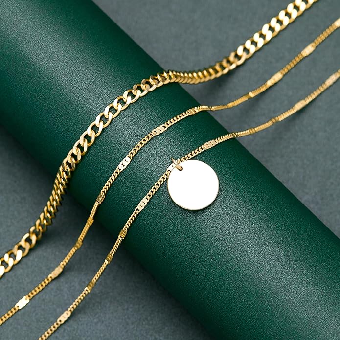 WomenGifts Layered Gold Necklaces for Women, 14K Gold Sterling Silver Plated Dainty Pendant Necklace Set with Cubic Zirconia Circle, Chunky Stackable Cuban Chain Choker, Trendy Personalized Birthstone Jewelry Gift Non Tarnish