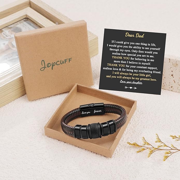 𝐆𝐢𝐟𝐭 𝐟𝐨𝐫 𝐌𝐞𝐧 Braided 𝐋𝐞𝐚𝐭𝐡𝐞𝐫 𝐁𝐫𝐚𝐜𝐞𝐥𝐞𝐭 for Men Dad Husband Boyfriend Son Grandson Brother Stainless Steel Clasp Engraved with Love You Forever Jewelry Birthday Gift 7.5 8.5 9 Inch