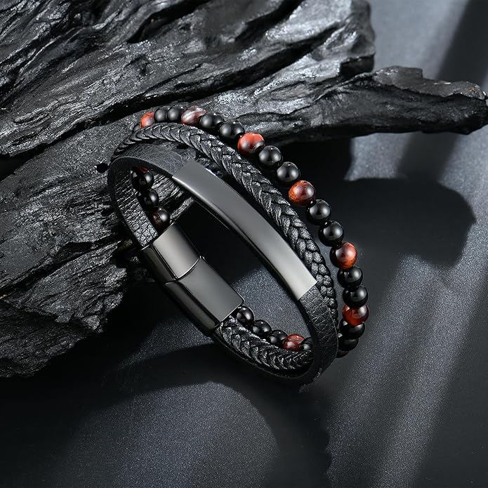 Mens Tiger Eye Matee Black Onyx Lava Rock Volcanic Stone Beaded Bracelet, Black Braided Leather Bracelet for Men